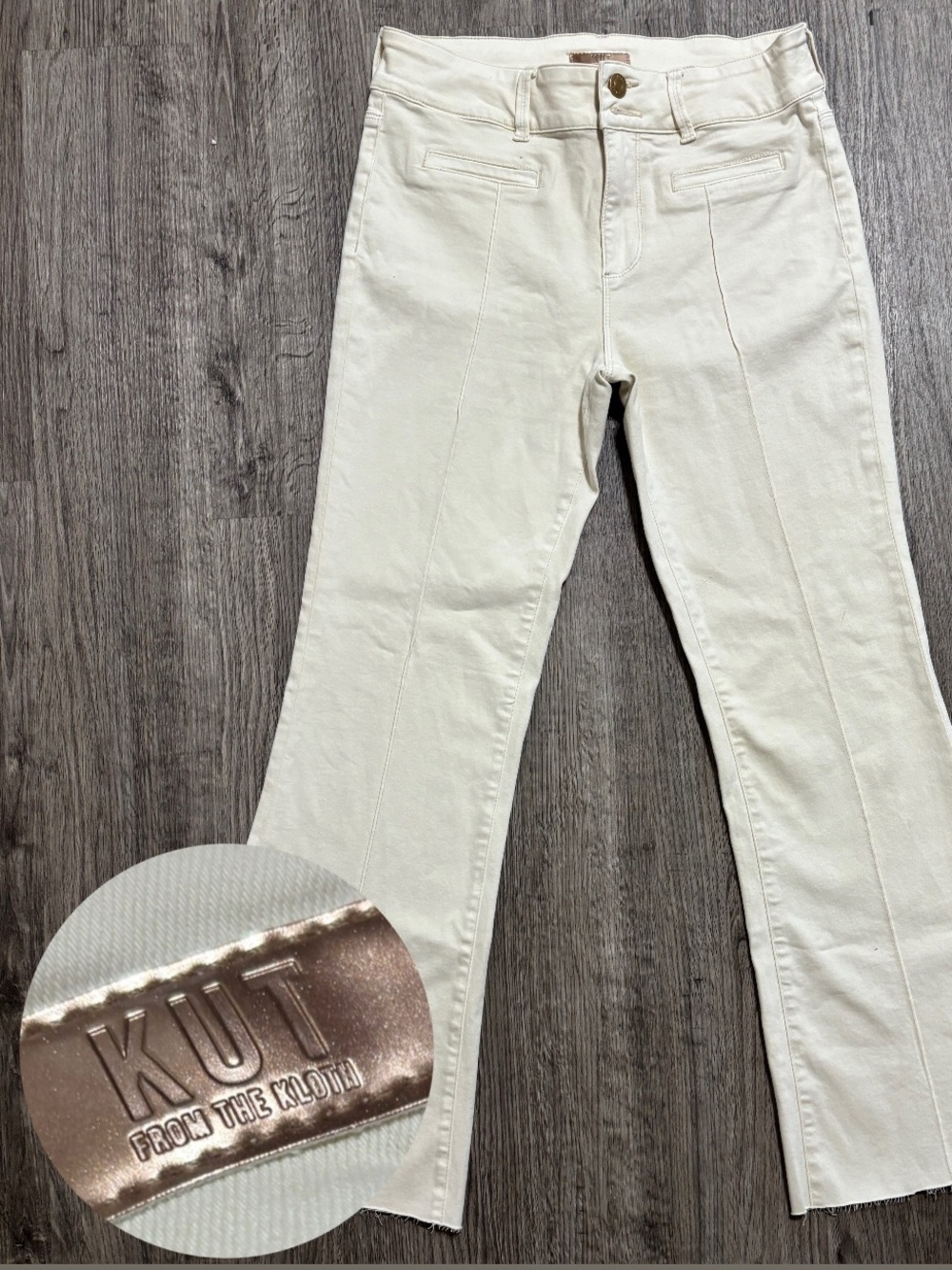 KUT From Ther Kloth Ana High Rise Flare Jeans Womens 8 Cream Raw Hem